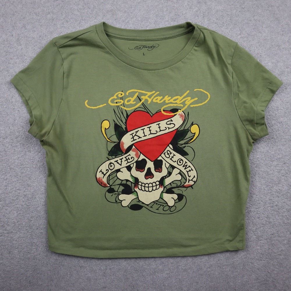 Ed Hardy T-Shirt Women Large Olive Green Love Kills Slowly Cropped Top Tee Y2K